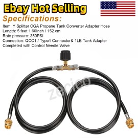 Unbranded 5 Ft 2 Ways Y Splitter CGA Propane Converter Adapter Hose for QCC1 5-40lbs Tank