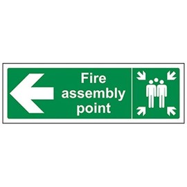 V Safety 17021AX-R Fire Assembly Point Arrow Left Sign - Landscape - 300mm x 100mm - 1mm Rigid Plastic, Green