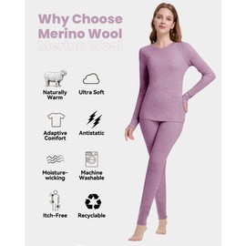 woolcano Women's 100% Merino Wool Base Layer Sets Lightweight Active Base Layer for Ski Violet X-Large