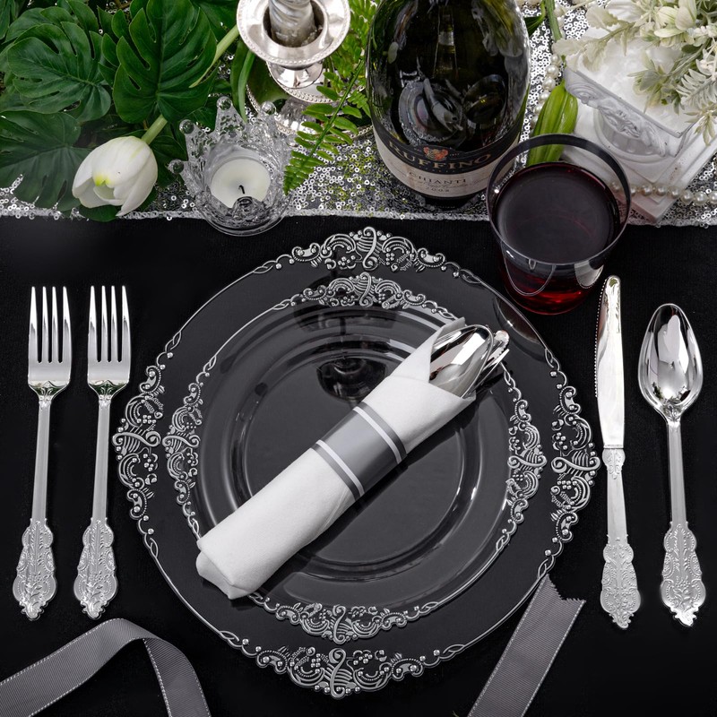 Morejoy 350PCS Clear Silver Plastic Plates - Silver Disposable Plates