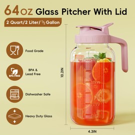 Glass Mason Jar Pitcher, 64 oz Wide Mouth Jug with Pour Spout Handle Lid for Cold Brew Coffee, Ice Beverage, Iced Juice, Lemonade, Sun Tea, Fruit Drinks Container（Pink）