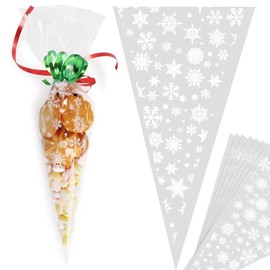 100pcs Christmas Sweet Cone Bags Snowflake Sweet Cones Clear Christmas Cellophane Cone Bags with Ribbons for Winter Holiday Party New Year