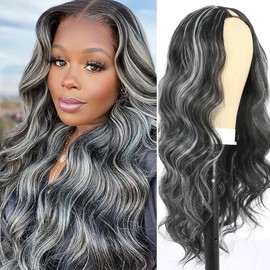FBKDFCZS Body Wave Highlight V Part Wig For Black Women Glueless Full Head Clip In Half V Shape Wigs No Leave Out Upgrade U Part Wig Ombre Highlights Body Wave Parts for Women 24 Inch Mixed Wig