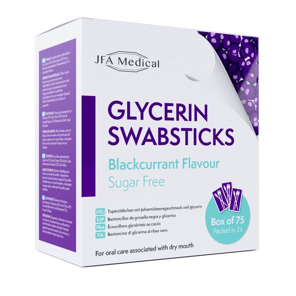 JFA Medical Glycerin Swabsticks Blackcurrant Flavour Sugar Free Swab Sticks for Dry Mouth - Box of 75