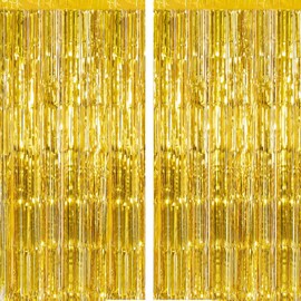 Premium Gold Tinsel Foil Fringe Curtains (2 Pack) – 3.28 x 8.2ft Metallic Streamers Backdrop for Birthdays, Graduation, Weddings, New Year's Eve, and Bachelorette Party Decorations