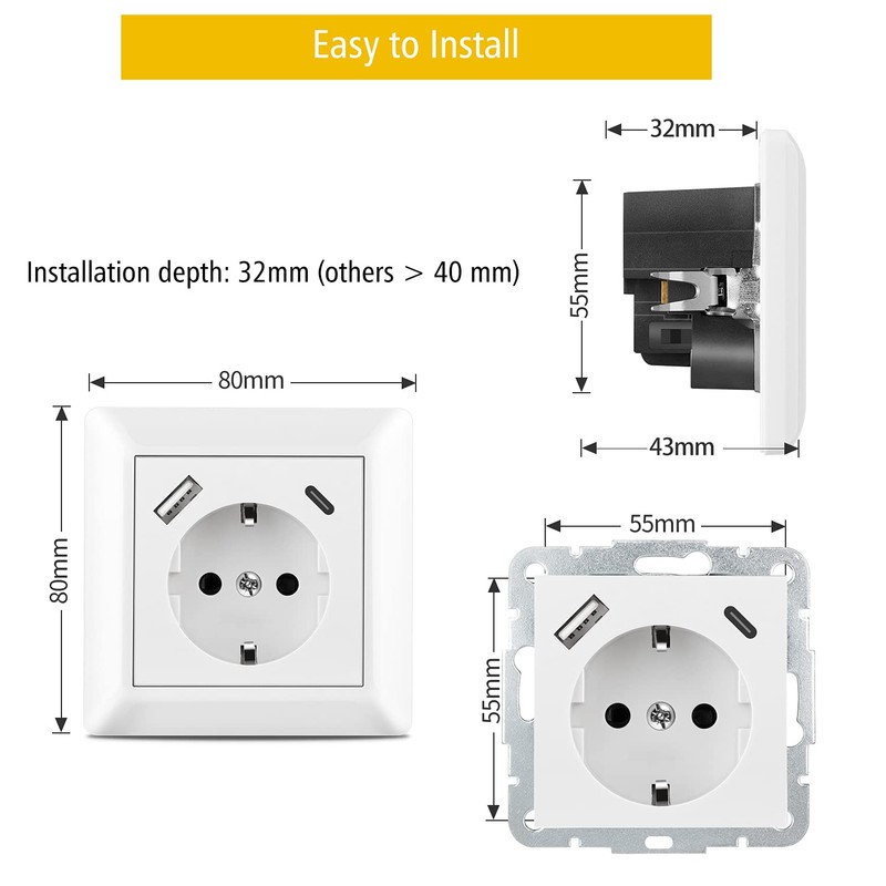 Sasudose USB C Socket, 2 x Sockets with USB Charger