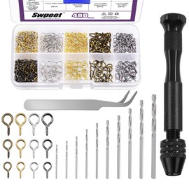 Swpeet 492Pcs Pin Vise Small Push Hand Drill and 0.8-3mm Drill Bits Set with Tweezer and 8/10/13mm Length Eye Screws Assortment Kit, Hand Drill for DIY Keychain, Jewelry Making, Resin Polymer Clay