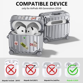 KOREDA Compatible with AirPods 4 Case Cover, Funny Suitcase Design Case for Airpods 4th Generation 2024, Cute Fashion Protective Hard Case with Cleaner Kit & Keychain (Silver)