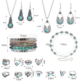 17PCS Turquoise Jewelry for Women,Bohemian Western Jewelry Set with Waist Chain Rings and Necklace Vintage Turquoise Drop Earrings Bracelet,Boho Turquoise Jewelry Anniversary Birthday Friendship Gift