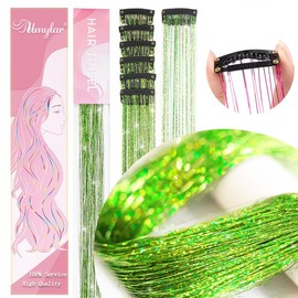 Hair Tinsel Pack of 12 Pcs Clip in Hair Tinsel 20 Inch Glitter Green Tinsel Green Hair Extensions, Festival Tinsel Fairy Hair Party Dazzle Hair Accessories Strands Kit(12Pcs,Grass Green#)