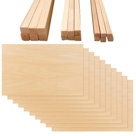 VEGCOO 10 Pack 200x100x2mm Balsa Wood Sheets, 30 Pieces Balsa Wood Sticks 5mm/6mm/10mm, Basswood Sheets, Thin BalsaWood Board for Model Making, DIY Crafts, Woodcraft