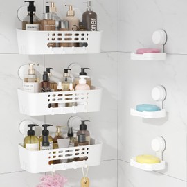 Lifewit Suction Cup Shower Caddy + Soap Dish, Removable 12.4inch Large Basket and Bar Soap Holder for Inside Shower, NO-Drilling Bathroom Kitchen Organizers and Storage Rack for Shampoo, 3 Set