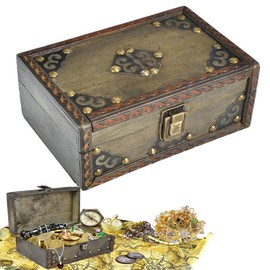 fuzhik Treasure Chest Box, Storage Vintage Treasure Chest Wooden with Lock, Wooden Treasure Chest Children for Storage, Treasure Chest Children's Birthday Decoration, Gifts, 17 x 12 x 12 cm, Grey