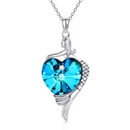AOBOCO Mermaid Necklace Sterling Silver Sea Mermaid with Ocean Blue Heart Pendant Crystal, Christmas Birthday Jewelry Gifts for Women Girlfriend Daughter
