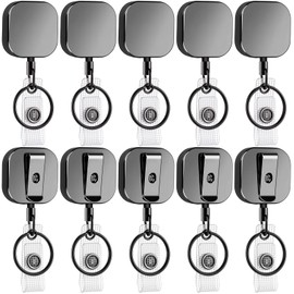 Leelosp 10 Pack Heavy Duty Retractable Badge Holder Reel Metal ID Badge Holder with Belt Clip Keyring Retractable Clip Bulk Card for Work Employee Doctor Nurse Gifts (Glossy Black,Square)