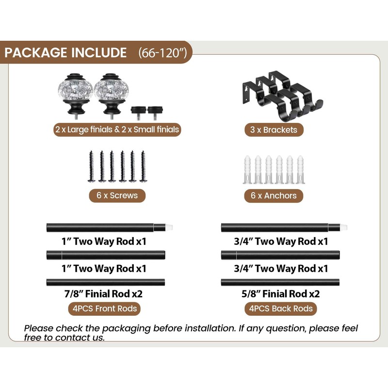 1 Inch Black Double Curtain Rods for Windows 66 to