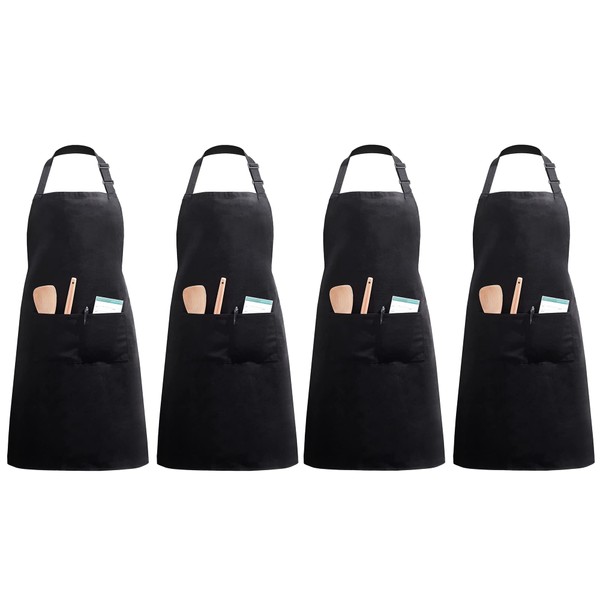 InnoGear Aprons 4 Pcs Bib Aprons with 2 Pockets Unisex Cooking Aprons Adjustable Chef Aprons for Home Kitchens, Restaurant, Coffee Shops, Garden, Barbecue (Black, Polyester)