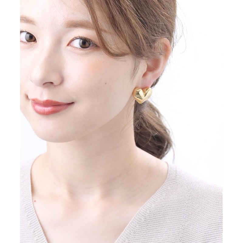VingTAINE P5190 Pierced Earrings, Heart, Metal, Chubby, Volume, Big, Large,