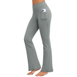 AegisChic Flare Yoga Pants with Pockets for Women Wide Leg Tummy Control Flared Workout Leggings High Waist Light Grey