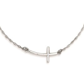 Diamond2Deal Sterling Silver Rhodium-plated Large Sideways Curved Cross Necklace