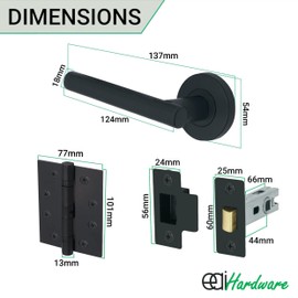 EAI Round Internal Door Handle Set - Matt Black | Latch (66mm), Handle, & Hinges (102mm) | Universal Black Door Handle | Office, Bedroom, Kitchen, Lounge & Closet Lever on Rose | Interior Handles