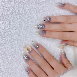 Rilafuvu Medium Press on Nails Coffin Fake Nails Heart 3D Rhinestones Nails Press ons White Ombre Glue on Nails Bow Artificial Nails Glossy Acrylic Nails Press on Nail for Women and Girls 24Pcs