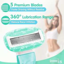 Travel Razors for Women with Travel Case, Extra Smooth 5-Blade Mini Razor Include 1 Handle and 5 Cartridges, Portable Travel Size Toiletries for Women, Green
