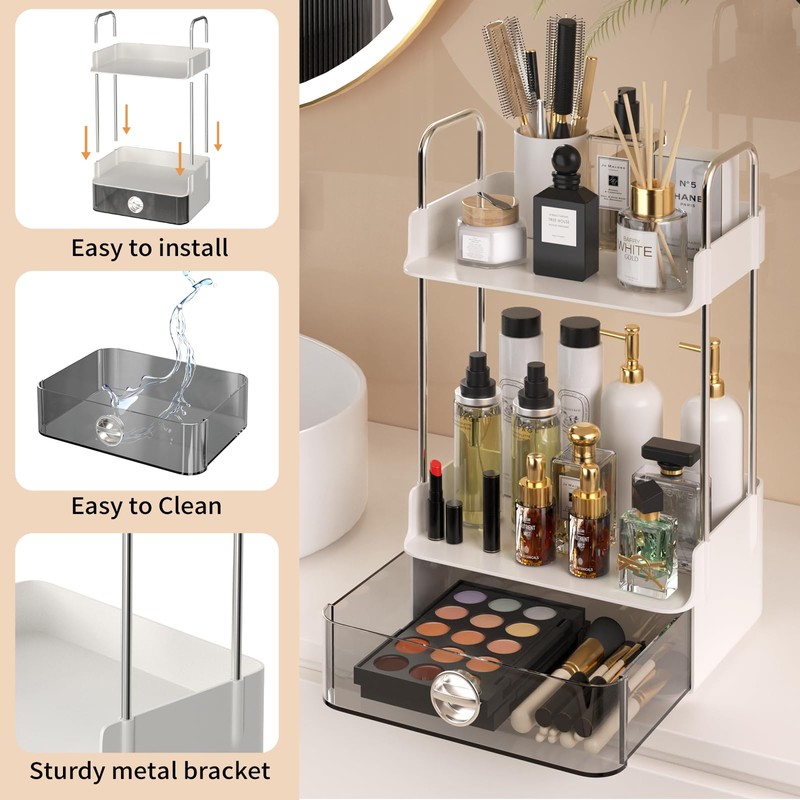 Bathroom Counter Organizer, 2 Tiered Organizer Countertop with Drawer, Makeup