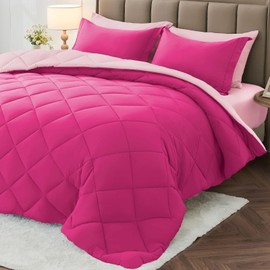 MUXHOMO 7 Pieces California King Comforter Set, Reversible Bed in a Bag Cal King Size, All Season Bedding Set with Comforter, Flat Sheet, Fitted Sheet, Pillowcases & Shams, Hot Pink & Baby Pink