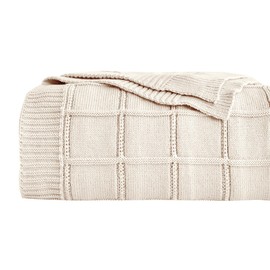 ATMOSURELY Ultra Soft Checkered Cable Knit Throw Blanket Cozy Plaid Knitted Blanket Lightweight Warm Woven Farmhouse Blanket All Seasons for Sofa Bed Couch Camping Travel 50x60 Inches (Beige, 50"x60")