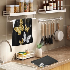 susiyo Set of 2 Hand Towels Gold White Butterflies Black Bath Towels Soft Absorbent Guest Face Towel Kitchen Dish Towel Beach Towels Spa Home Bathroom Decorations
