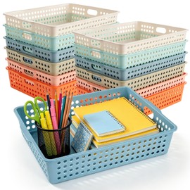 12 Pack Classroom Storage Baskets, Plastic Paper Trays for Desk Organization, Turn-in Trays for Teachers and Students, Stackable Organizer Bins for School Office-Boho