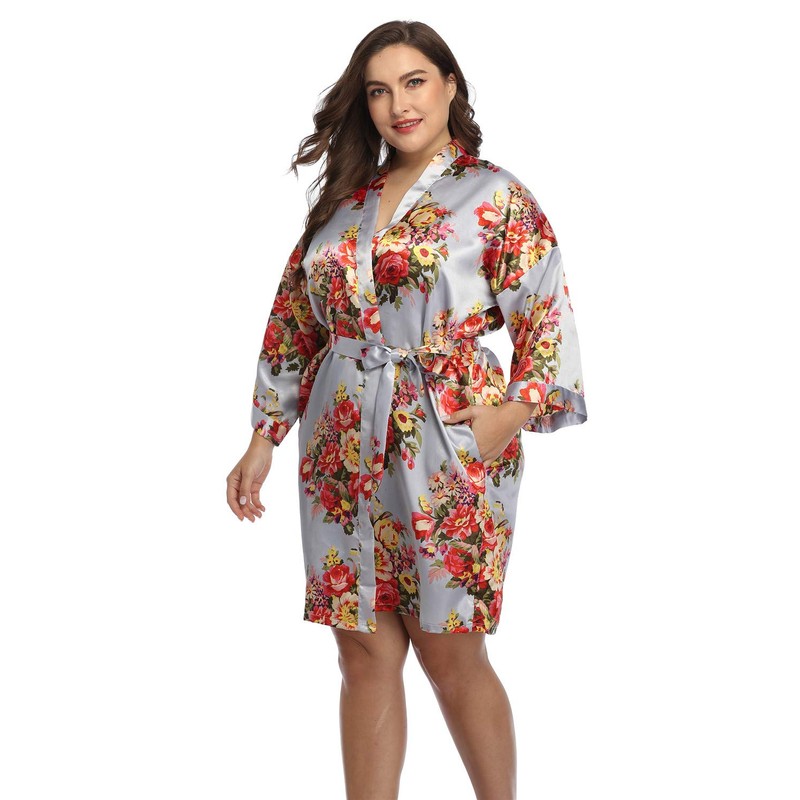 Women's Plus Size Floral Satin Robes Short Silky Bride Robe