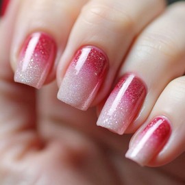MISUD Press on Nails - Short Square Fake Nails with Red Ombre, Acrylic Bling Glitter Design 24 pcs