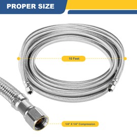 GUOFIS 10 FT Refrigerator Water Line,Stainless Steel Braided Ice Maker Hose with 1/4" Comp X 1/4"Compression Fittings(1PCS,10 Foot)