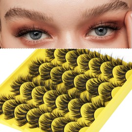 False Eyelashes Fluffy Cat Eye Lashes Dramatic Eyelashes Thick Curl Strip Lashes Wispy Messy 6D Faux Mink Lashes Pack 14 Pairs Fake Eyelashes