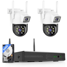 VORGUT Wireless Security Camera System Outdoor, 2pcs 2K Dual Lens PTZ Auto Tracking Cameras for Home Security, 2.4G/5G WiFi, Color Night Vision, Human Detection, 16CH NVR with 500GB HDD
