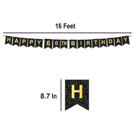 HAPPY 60TH BIRTHDAY Banner, Pre-Strung, Black Gold 60th Birthday Party Decorations, Happy 60 Year Old Bdy Party Banner, Sixty Birthday Banner