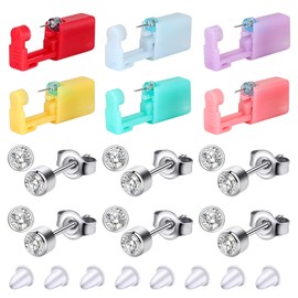 Longbeauty Pack of 6 Colourful Ear Piercing Gun, Disposable Sterile Safety Ear Nose Piercing Gun Kit Painless Self Piercing Tool with Stud Earrings Accessories, Cubic Zirconia