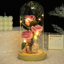 Christmas Artificial Rose with Transparent Glass Storage Box & LED Light, 1 Count Decorative Flower Plants for Home & Party, Decorative Flowers Ornaments DIY Accessories - Color: Pink, Specification: one-size