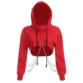 ABAFIP Women's Rave Gothic Long Sleeve Pullover Crop Top Hoodie Casual Workout Music Festival Outfits Cropped Hoodies Red XX-Large