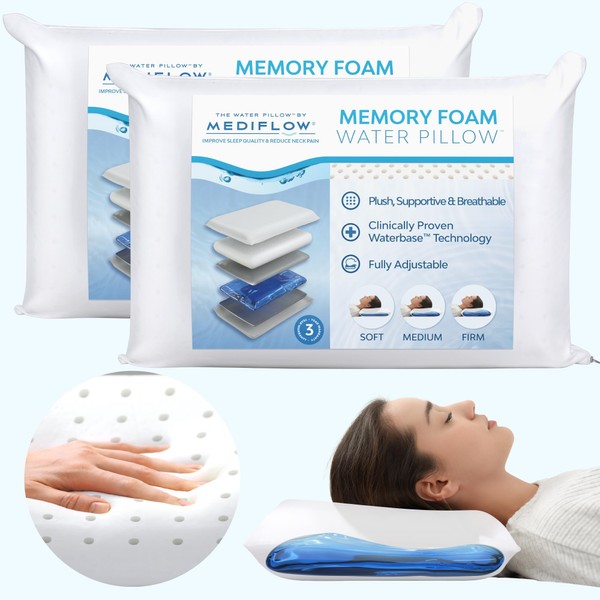 Mediflow Water Pillow Memory Foam re-Invented with Waterbase Technology - Clinically Proven to Reduce Neck Pain & Improve Sleep Quality. (Twin Pack)