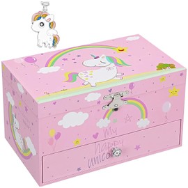 SONGMICS Unicorn Ballerina Musical Jewelry Box, Music Box with Pullout Drawer, Pink UJMC012PK