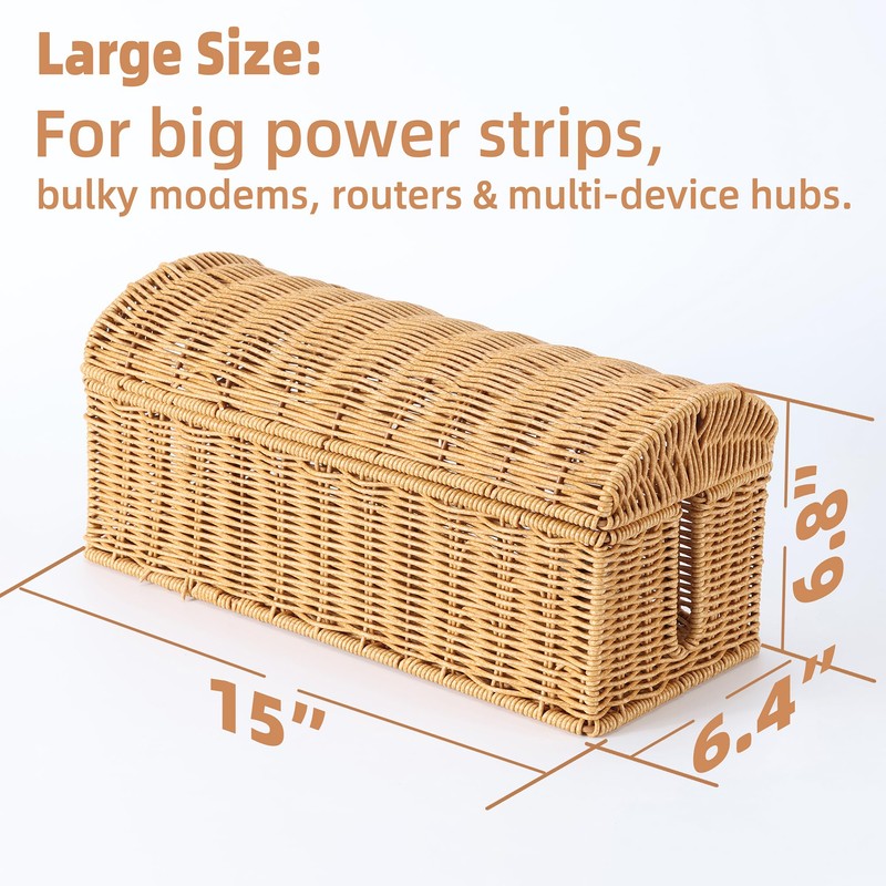 Large Rattan Cable Management Box, Decorative Large Power Strip and