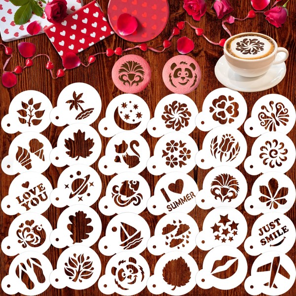 Qpout Pack of 30 Coffee Decoration Stencils, Personalised Biscuit Coffee Stencils Baking Stencils, Plastic Decoration Stencils for DIY Cappuccino Sugar Latte Cupcake Chocolate