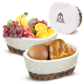 A ARTIZANKA Medium Handmade Wicker Bread Basket for Serving Set – 11 inch Sourdough Bread and Pastries Basket with Removable Liner and Cover Bread Storage Container and Fruit Basket