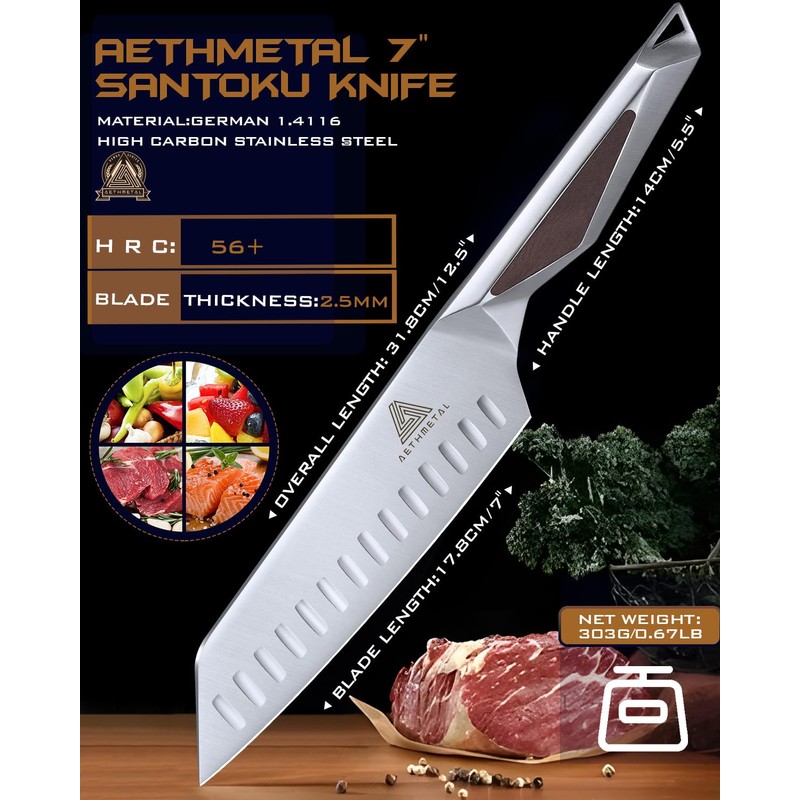 Santoku Knife 7 Inch, Chef Knife, German High Carbon Stainless