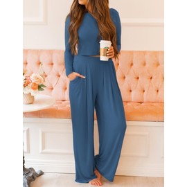 Ezbelle Long Sleeve Cropped Shirts for Women's Lounge set Trendy Tops Fall Fashion Layer Knit Sexy Pajamas 2 Piece Outfits