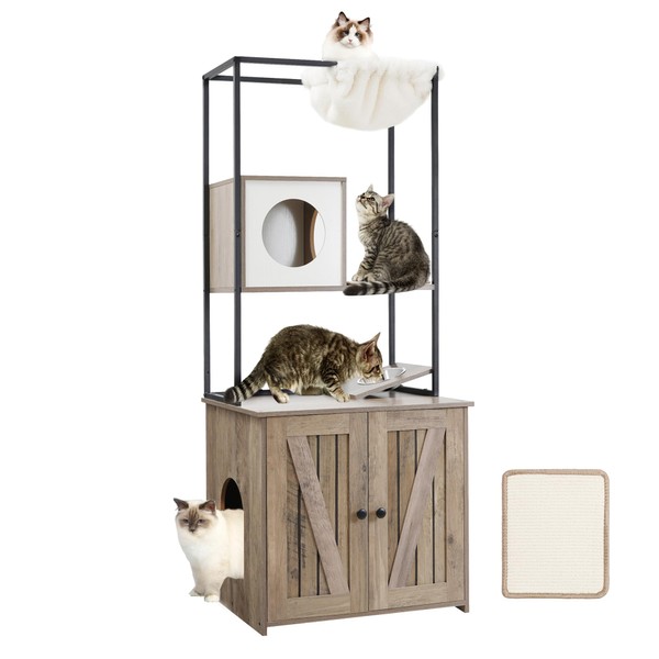 DWANTON Cat Tree with Litter Box Enclosure, All-in-one Modern Cat Tower with Condo, Hammock, Food Station, Scratching Mat, Washable Cushions, Reversible Entrance, 57.9-Inch, Greige