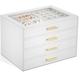 AKOZLIN Jewelry Box with Clear Lid Functional Leather Jewelry Storage Organizer Case 4 Drawers for Women Girls Necklace Ring Bracelet Earring